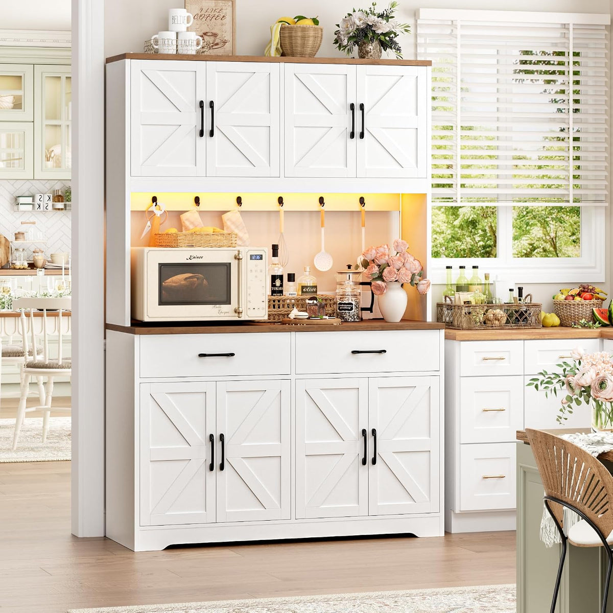 HIFIT 71" LED Pantry Cabinet with Charging Station, Tall Coffee Bar Cabinet | Farmhouse Kitchen Hutch Cabinet with Storage, Large Countertop, 7 Metal Cup Hooks, White