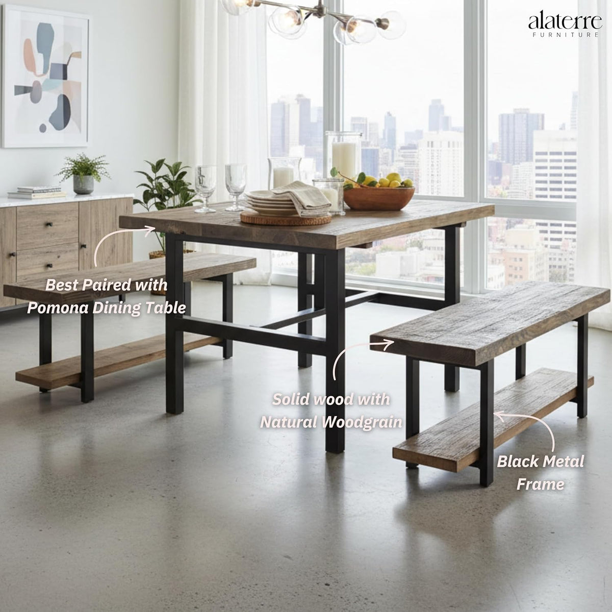 Alaterre Furniture Pomona Dining Bench Set of 2-48-Inch Modern Industrial Solid Wood Indoor Benches with Open Bottom Storage Shelf - Seating for Kitchen, Dining Room, and Living Room (Rustic Brown)