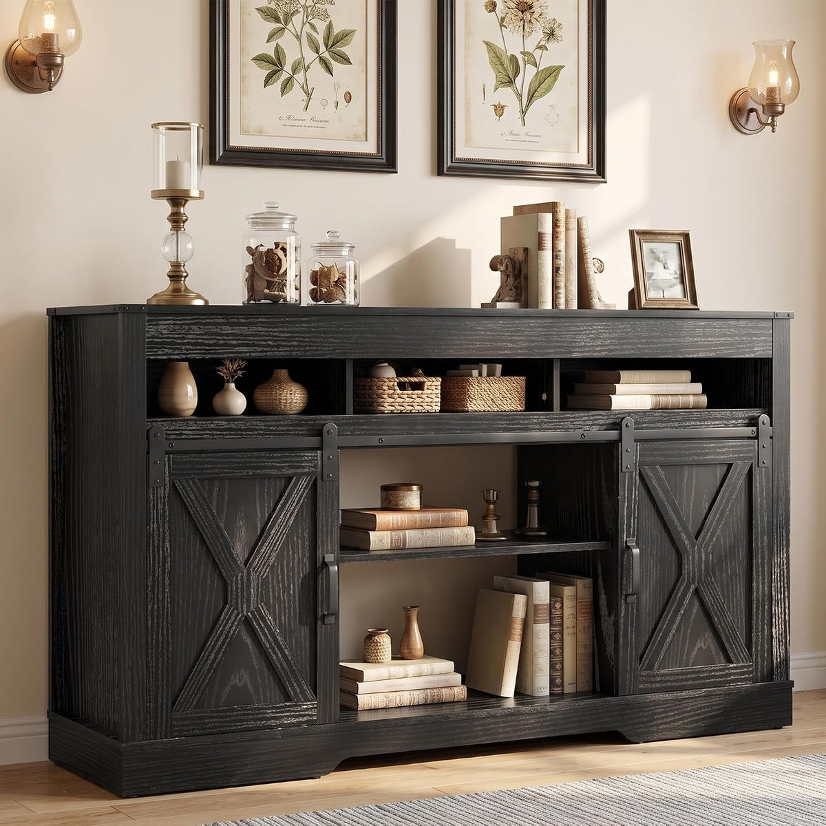 RoyalCraft Farmhouse TV Stand for 65+ Inch TV, Tall Entertainment Center | with Storage Cabinets and Sliding Barn Doors, Mid Century Modern Media TV Console Table for Living Room (Black)