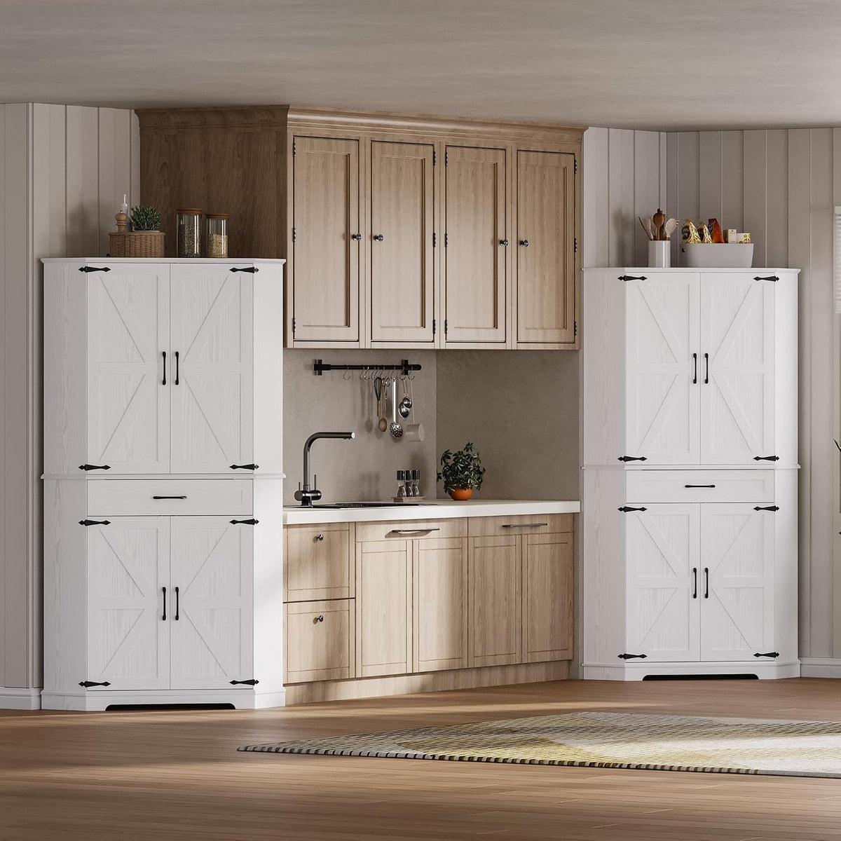 IRONCK 72" Corner Pantry Cabinet with Drawer and 4 Doors, White | Kitchen Pantry Storage Cabinet with 3 Adjustable Shelves, 2 Doors Storage, for Kitchen and Dining Room