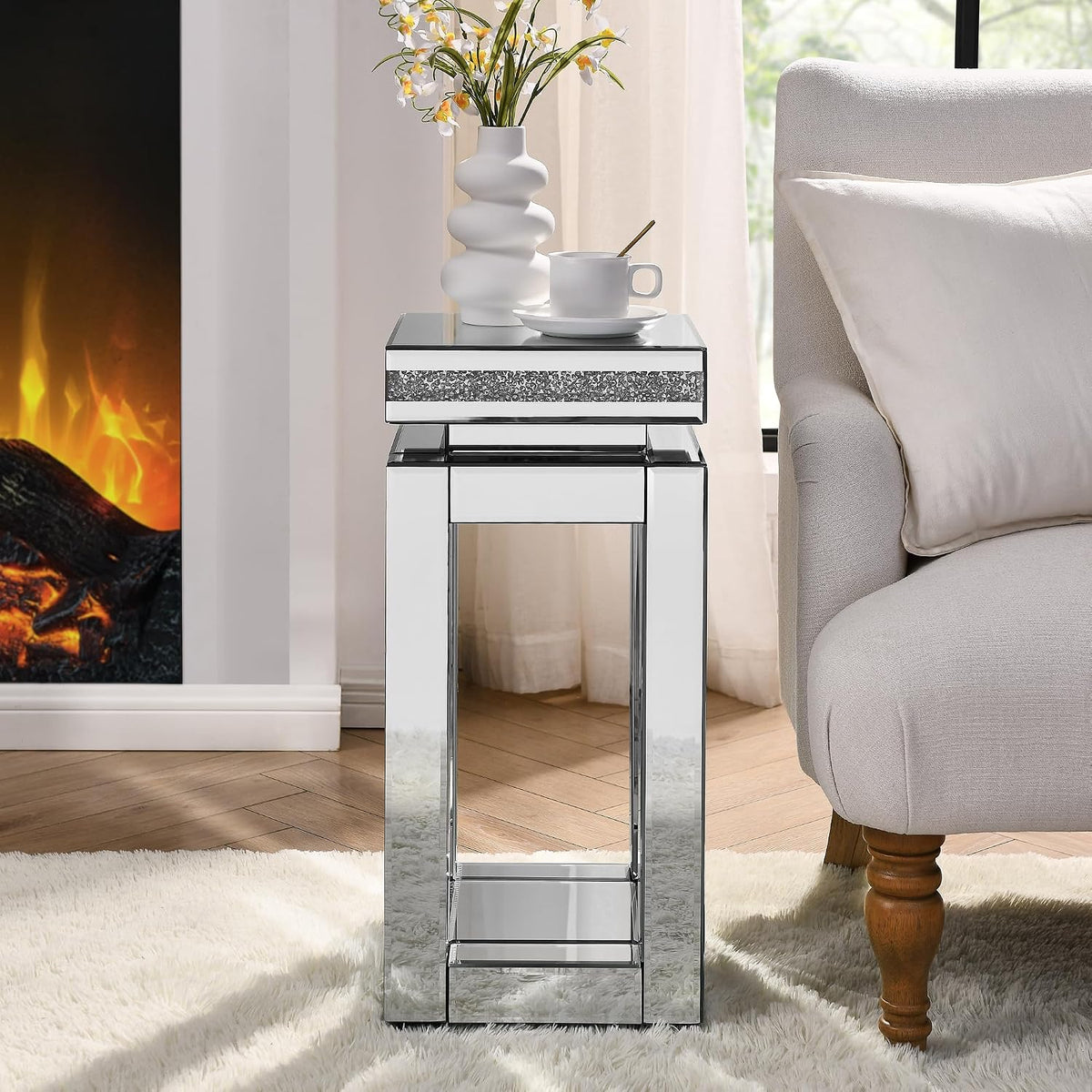 Silver Mirrored Side Table with Crystal Inlay for Small Spaces, Luxury Modern Small Mirrored Bedside Table Nightstand End Table for Living Room Bedroom Home Office (C)