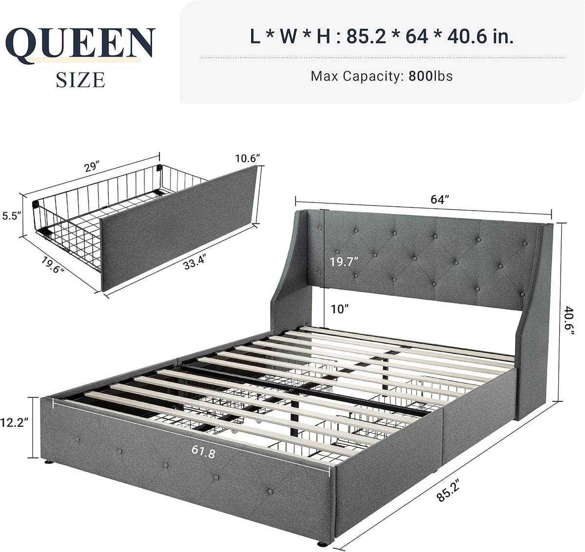 Allewie Queen Bed Frame with 4 Storage Drawers and Wingback Headboard, Button Tufted Design, No Box Spring Needed, Light Grey