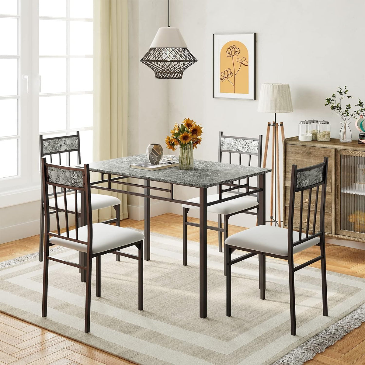 GIANTEX 5-Piece Dining Table Set for 4, Kitchen Table and Upholstered Chairs Set with Faux Marble Tabletop & Metal Frame, Space-Saving Dinette Set for Breakfast Nook, Small Space, Grey