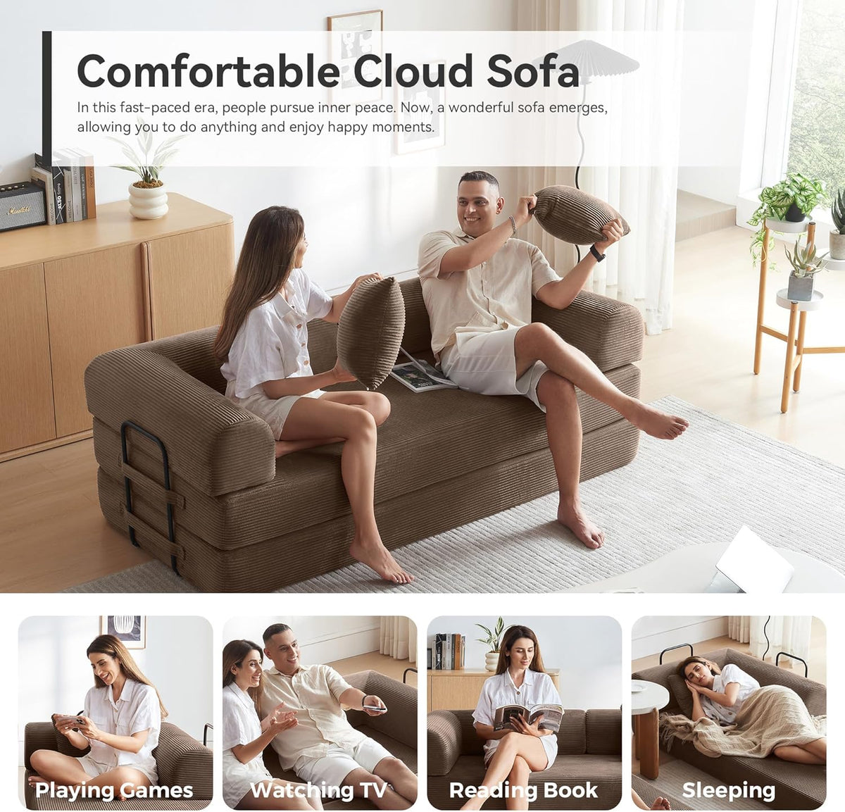 Convertible Modular Sleeper Sofa Bed, Mid Century Modern Decor Love Seat Memory Foam Couches, Sleeper Sofa Bed for Living Room, Solid & Easy to Install Cloud Couch (Brown)