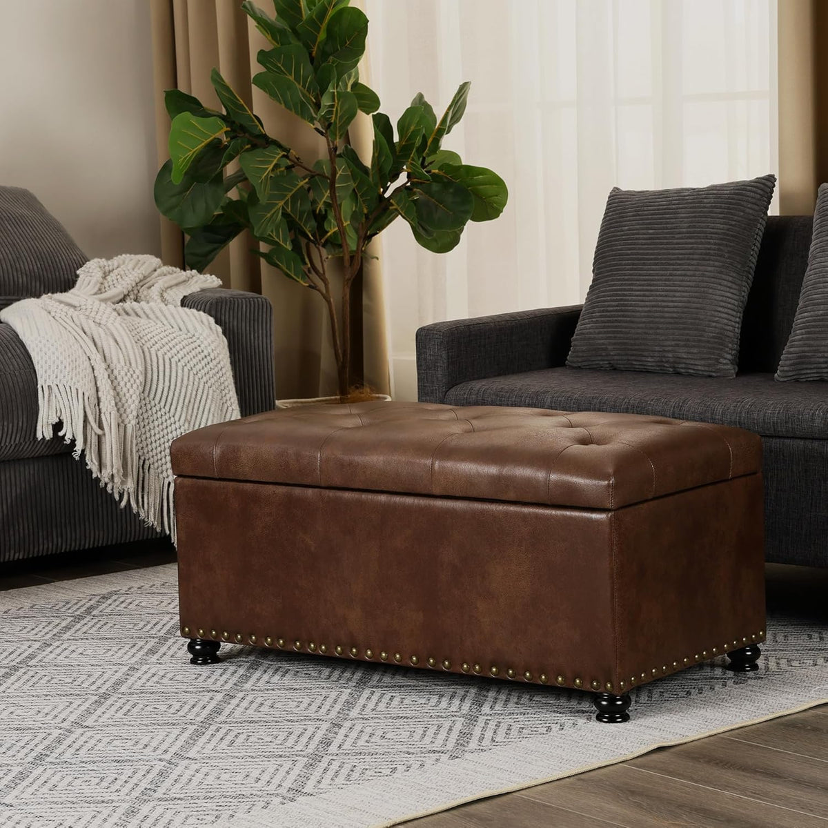 Asense Storage Ottoman Bench, Faux Leather Ottoman with Storage for Living Room Bedroom, Multi-Functional Storage Chest Foot Rest, Upholstered Bench for End of Bed, Entryway, 35.4" W