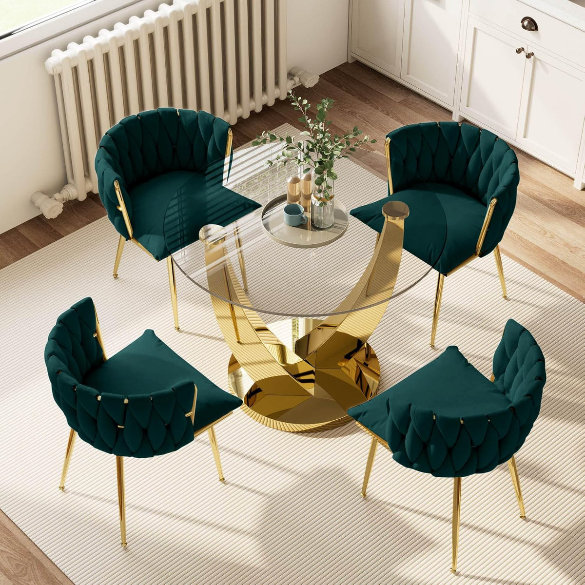 38.9" Round Glass Dining Table Set for 4, Modern Kitchen Table with 4 Upholstered Velvet Chairs, Tempered Glass Top with Golden Steel Base, 5 Pieces Dining Table Set for Small Space- Green