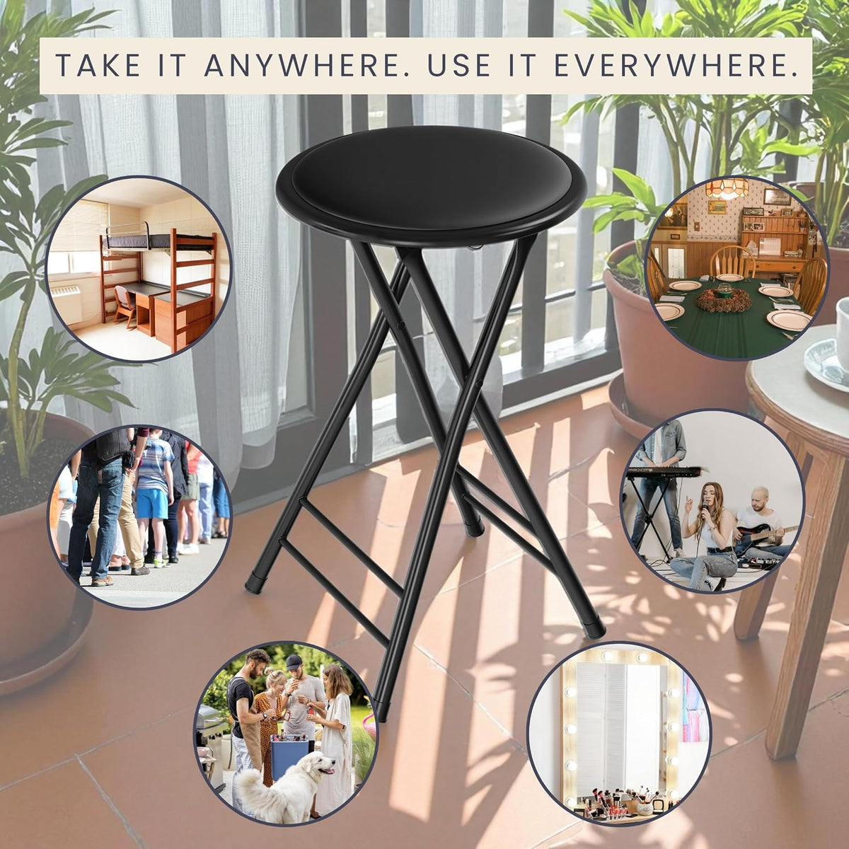Lavish Home Folding Stool with Padded Backless Seat, Black, 24 Inch | Counter Height Bar Stools with 225lb Capacity, Portable Indoor & Outdoor, Extra Seat for Kitchen, Rec Room or Camping
