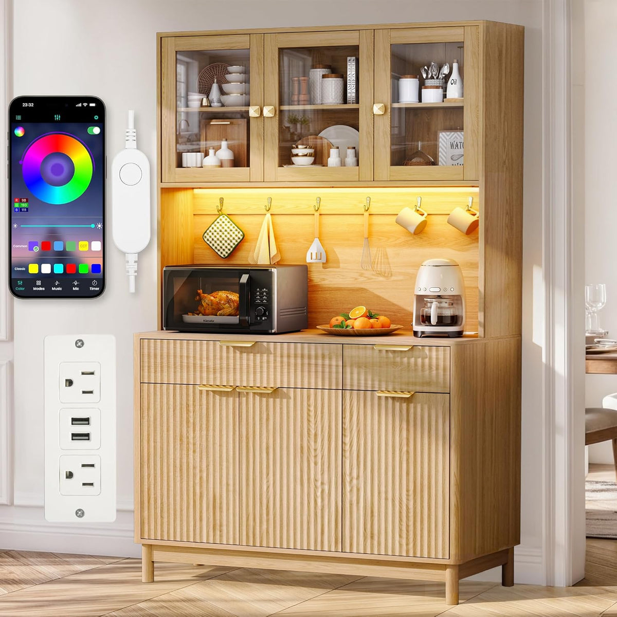 71'' Fluted Kitchen Pantry Cabinet with Power Outlet & LED Light, Food Kitchen Hutch with Countertop, Wood Pantry Storage Cabinet with a Drawer & Shelves for Living Room, Dining Room, Natural