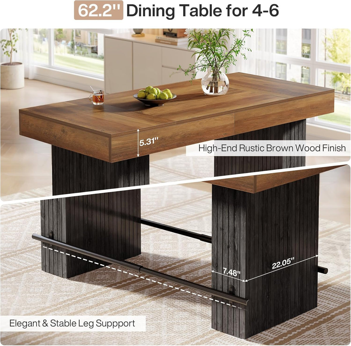 Tribesigns 62.2-Inch Dining Table for 4-6, Counter Height Dining Room Table with Footrest, High Top Kitchen Bar Table for Living Room, Kitchen, Pub