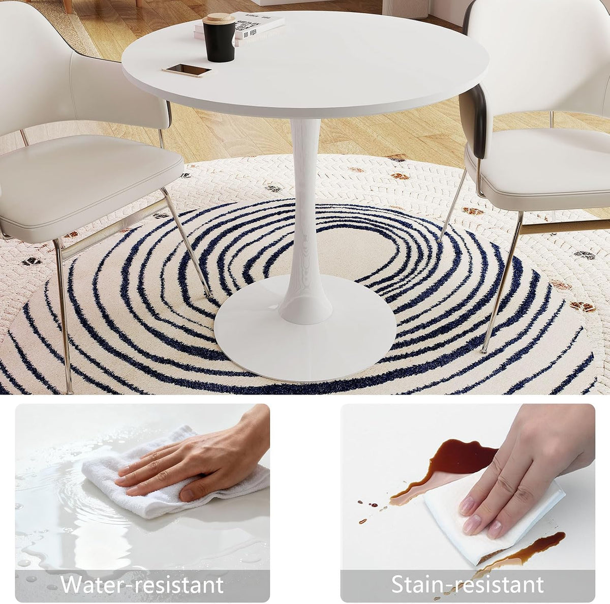 27.5" White Round Dining Table, MDF Top with Metal Pedestal Base, Modern Accent Table for Small Spaces, Kitchen, Dining Room & Living Room