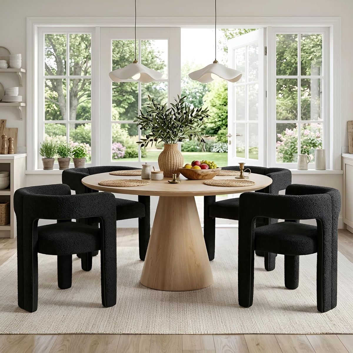 VESCASA Modern Barrel Dining Chairs Set of 2 with Open Back, Upholstered Boucle Accent Kitchen Armchairs with Wood Legs for Dining Room Reception Small Space, Black