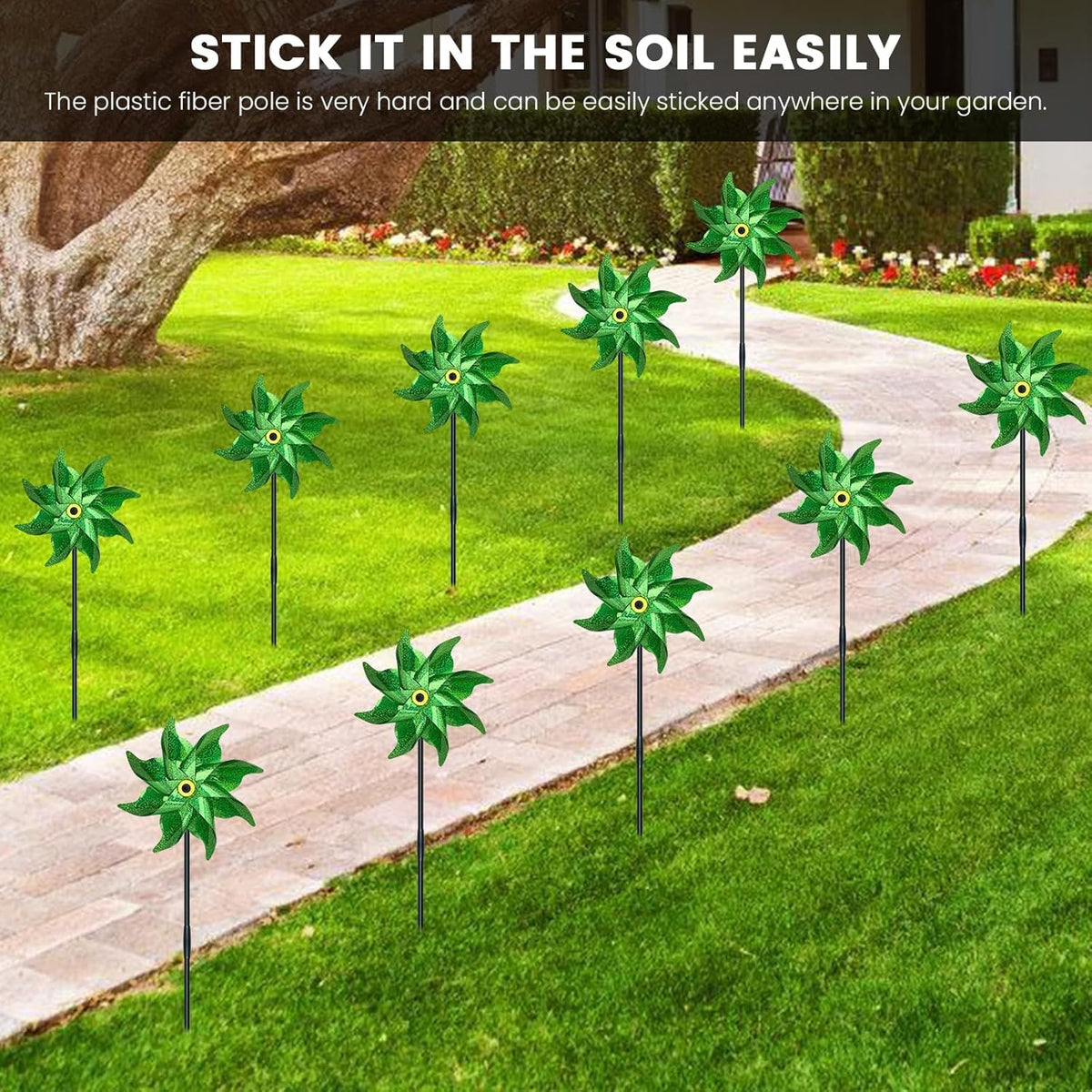 10 PCS Reflective Pinwheels for Yard and Garden Bird Devices Pre-Installed Sparkly Wind Spinner Deterrent to Scare Birds Away from Yard Patio Farm (Green)