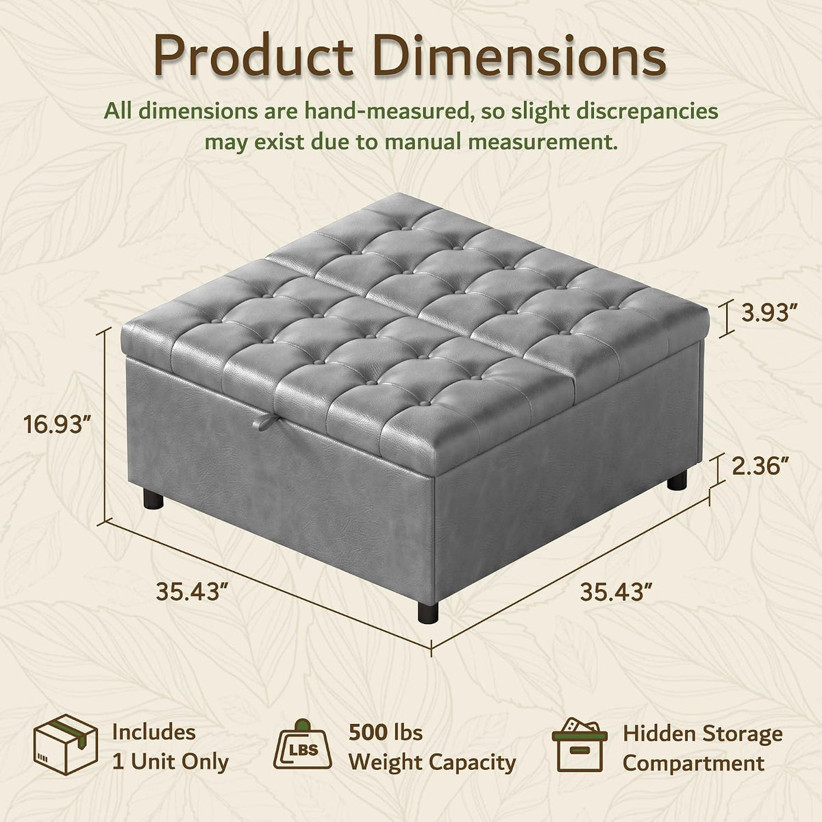 LINLUX Grey Leather 36 Inch Square Large Living Room Lift Top Ottoma | LINLUX Tufted Upholstered Shoe Storage Entry Bench, Bed Benches For Foot Rest, Lift Footrest For Dorm Bedroom Office