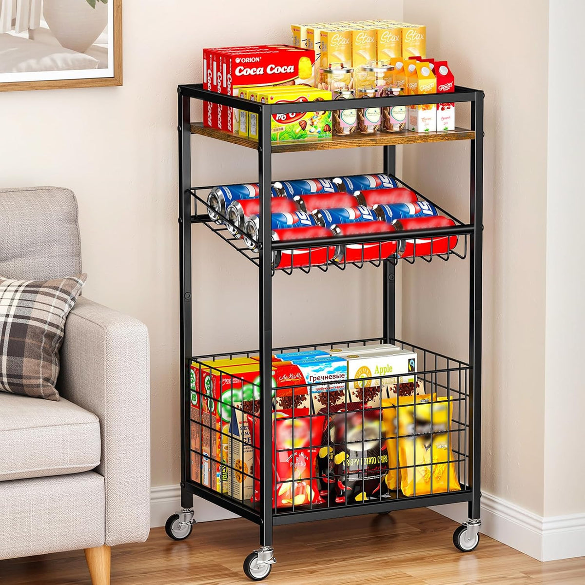 Fruit Vegetable Cart, 3-Tier Snack Kitchen Cart on Wheels & Wood Top, Utility Shelf Rack Organizer for Fruit, Vegetables, Potato, Snack, Brown