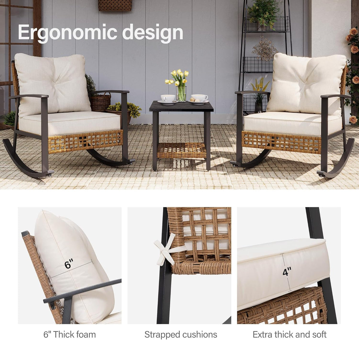 LAUSAINT HOME 3-Piece Rocking Bistro Set, Outdoor Patio Furniture with Thick Cushions and 2-Tier Coffee Table, Oversize Rattan Conversation Set for Garden, Balcony, Backyard (Beige)
