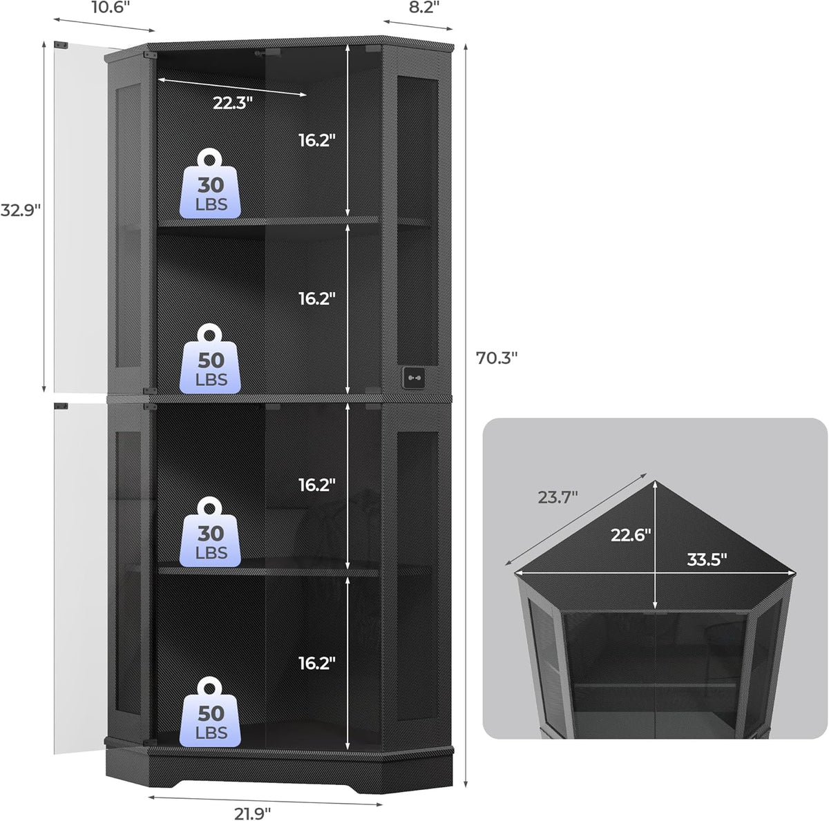 IRONCK 71" Carbon Fiber Corner Glass Display Cabinet, RGB LED Lights with Remote & APP Control, Human Body Sensor, 4-Tier Tempered Glass Display Case with 2 Adjustable Shelves for Collectibles, Black