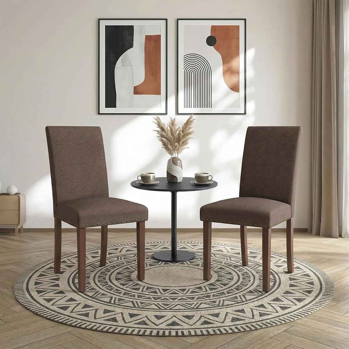 TLSUNNY Upholstered Dining Chairs Set of 2/4, Tufted Parsons Design with Nail Head Trim, Solid Wood Legs and Padded Seat, Comfortable Fabric for Dining Room, Kitchen (Brown, Set of 4)