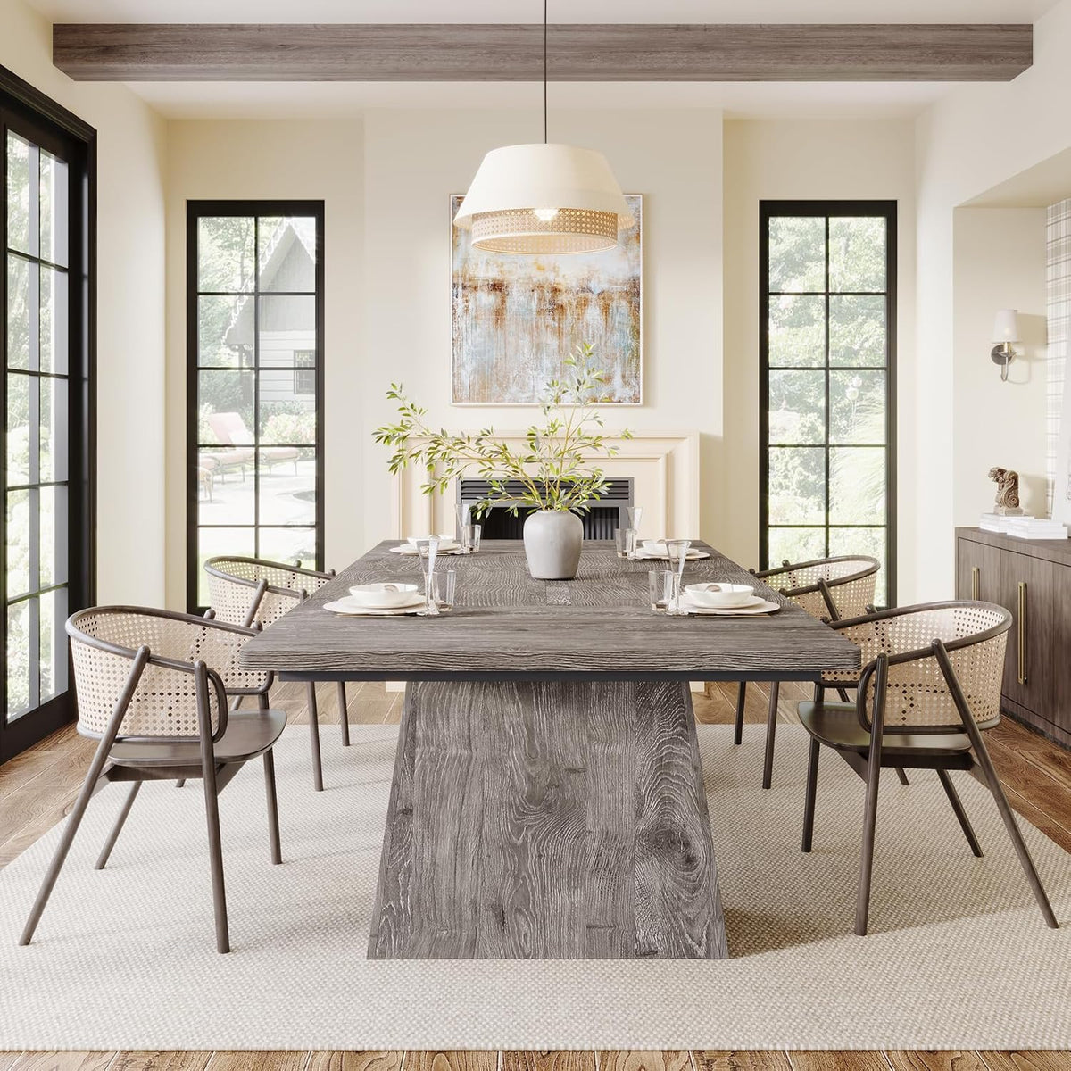 Tribesigns Dining Table for 6, Farmhouse Wood Dinner Rectangular Table Kitchen Table with Double Pedestal, 63" L x 31.5" W x 30" H, Grey