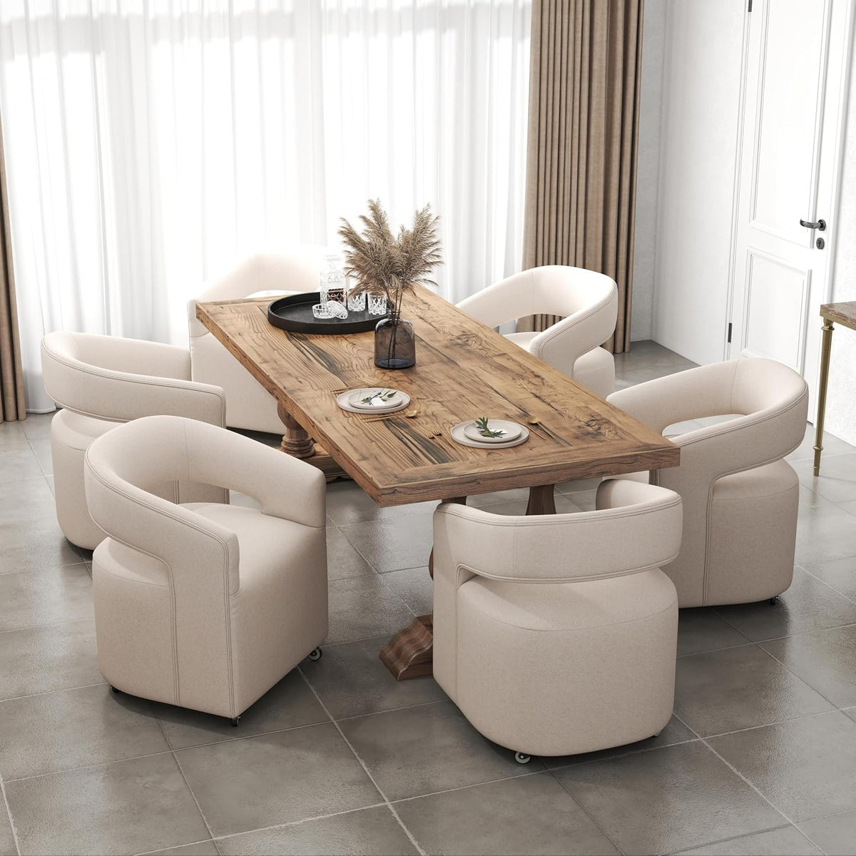 DUOMAY Modern Upholstered Dining Chairs with Swivel Casters - Set of 4 - Contemporary Linen Barrel Back Accent Side Chair Desk Chair for Dining Room Living Room Kitchen, Beige