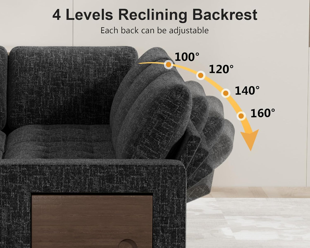 WEUP 7 Seat L Shaped Sectional Sleeper Sofa Bed with Pull Out Bed, Chenille Sectional Sleeper Couch with Ottoman, Adjustable Backrest, USB Ports, LED, Side Table, Tool-Free Assembly, Chenille Black