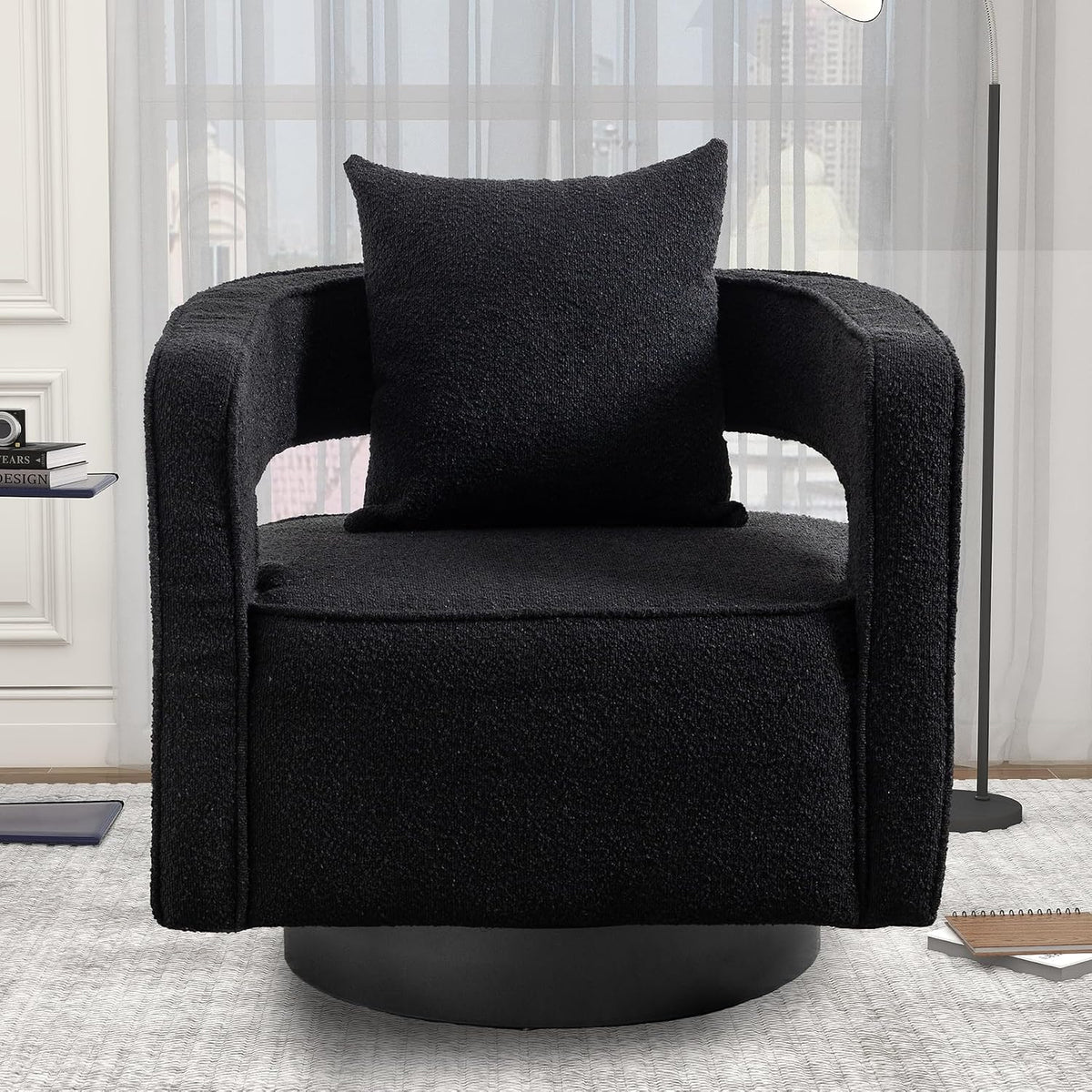 Swivel Accent Chair, Modern Swivel Barrel Chair for Living Room, 360 Degree Comfy Square Accent Chair with Open Back, Upholstered Armchair for Bedroom,Reading, Boucle, Black