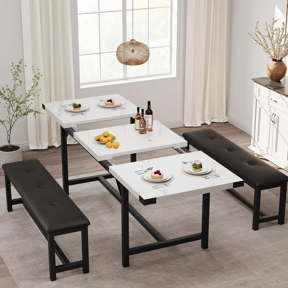 Garvee 63 in Extendable Dining Table Set for 4-6 People, 3-Piece Kitchen Table Set with 2 Upholstered Benches, Farmhouse Dining Room Table Set for Kitchen, Living Room, Apartment, Marble White