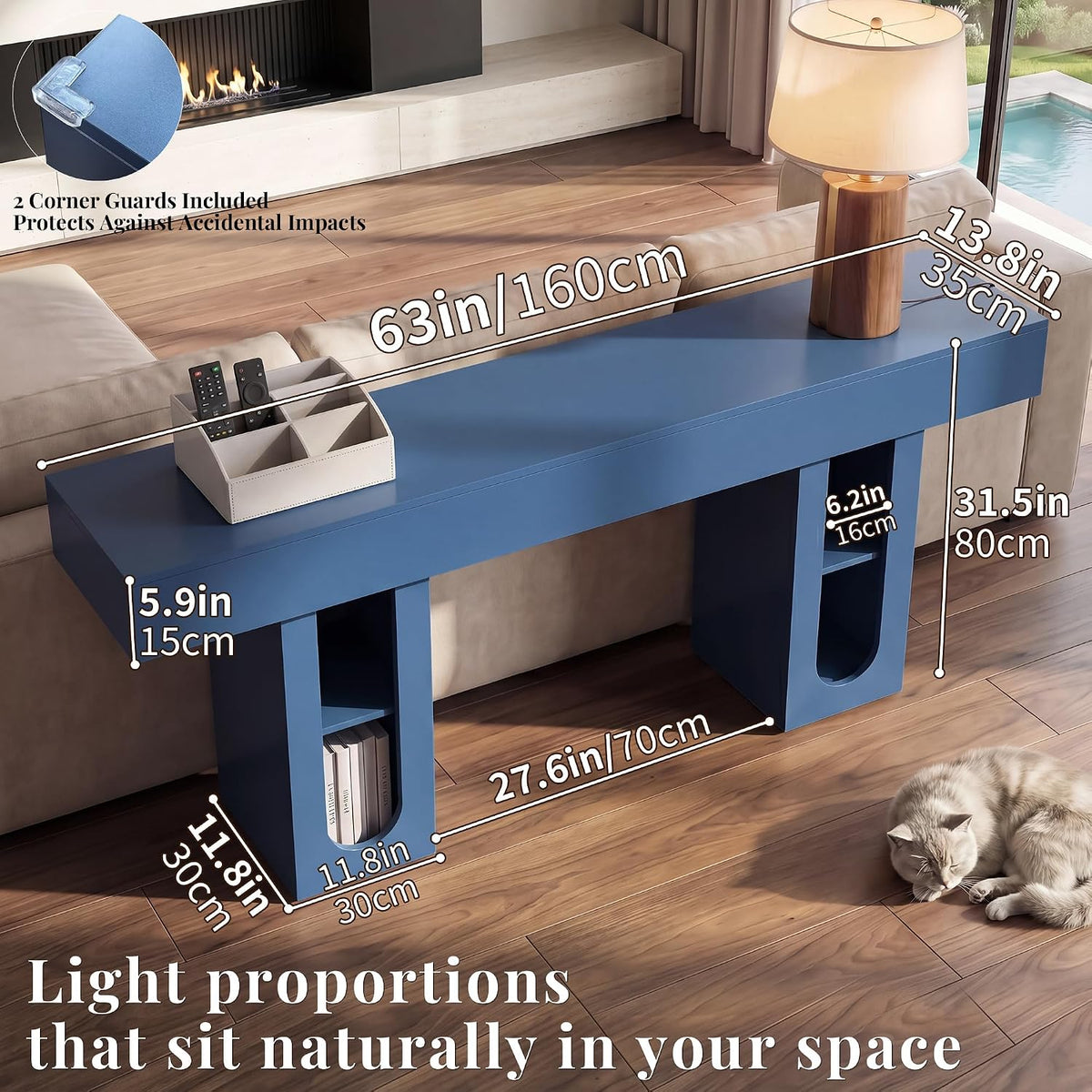 63" Entryway Console Table with Outlets & Storage-Blue | 5.9" Thick Top,Zero Wobble,Behind Couch,Charging Station,Anti-Tip,Modern Farmhouse,Dense MDF,Living Room,Hallway,Wood Grain