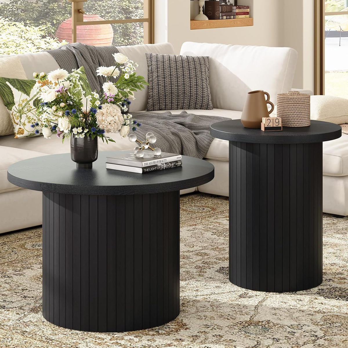 LUXOAK Nesting Coffee Table Set of 2, Mid Century Modern Round Coffee Tables, Wood Slat Side Table Set for Living Room, Office, Balcony, Textured Black