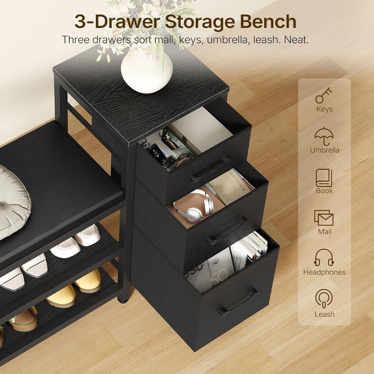 YATINEY Entryway Bench with Shoe Storage, 3-Tier Shoe Rack Bench with Wooden Shelves and 3 Non-Woven Drawers, PU Padded Shoe Storage Bench for Entryway, Bedroom, Black HX07BB