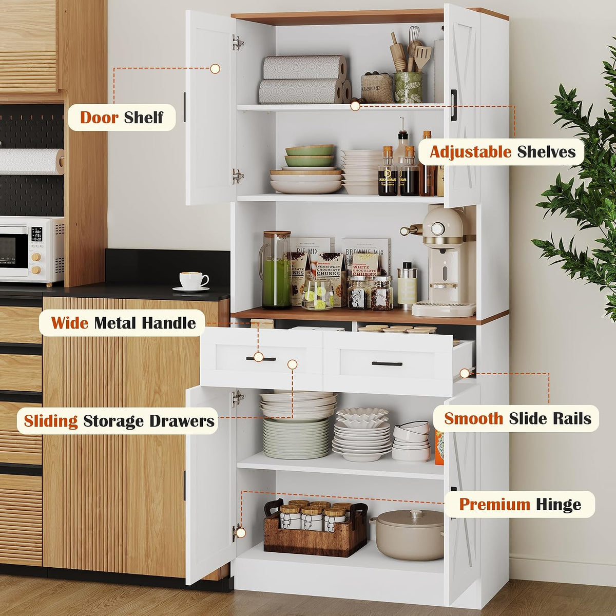 71" Tall Farmhouse Kitchen Pantry Cabinet , Storage Freestanding Cupboard, Modern Kitchen Hutch Bar Cabinet with Microwave Stand, Wood Buffet Sideboard with Drawers Shelves for Dining Room-White