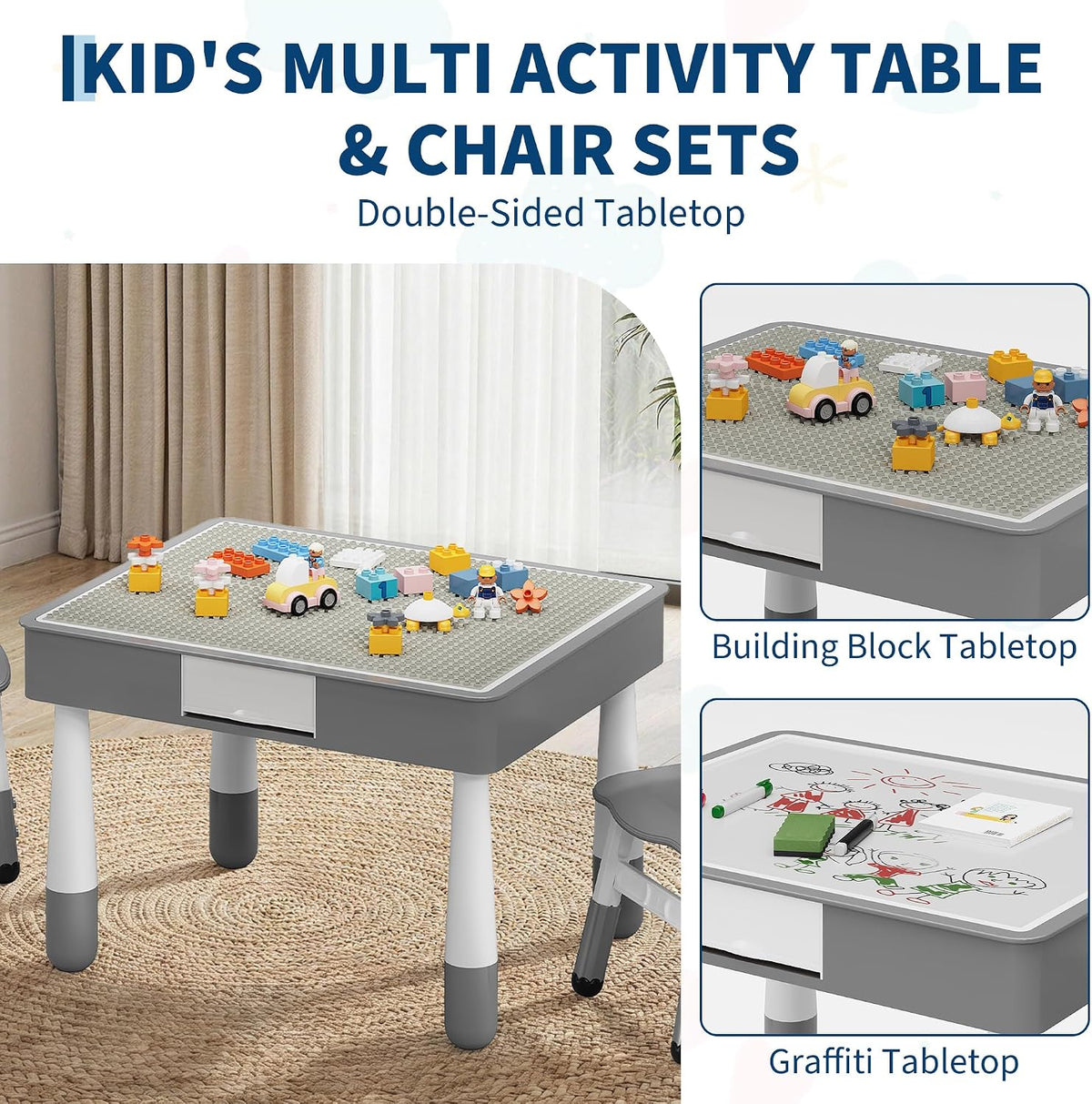 4-in-1 Kids Activity Table & Chair Set,Double-Sided Reversible Tabletop with Building Block Base & Graffiti Drawing Board,2 Adjustable Toddler Chairs,Multi-Purpose Activity Desk for Reading,Drawing