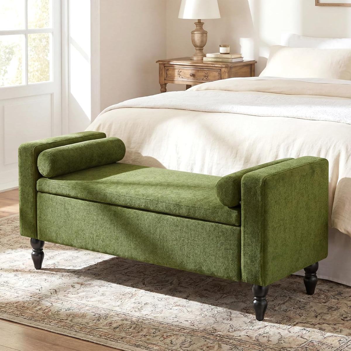 End of Bed Bench for Bedroom, 45.7" Linen Storage Ottoman Bench with Removable Pillows, Upholstered Entryway Bench with Solid Wood Legs, Storage Cabinet for Bedroom, Living Room, Entryway, Green