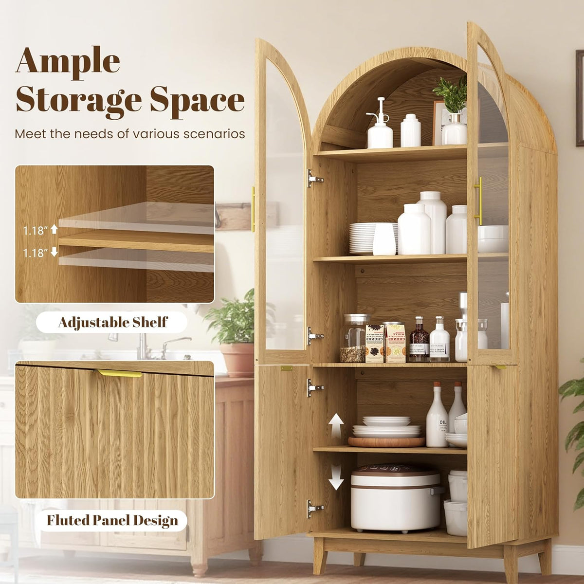 Pamapic 71" Tall Arched Cabinet, Fluted Kitchen Pantry with Glass Doors & Adjustable Shelves, Arch Storage Cabinet, Wooden Pantry for Dining Room, Living Room (Natural)