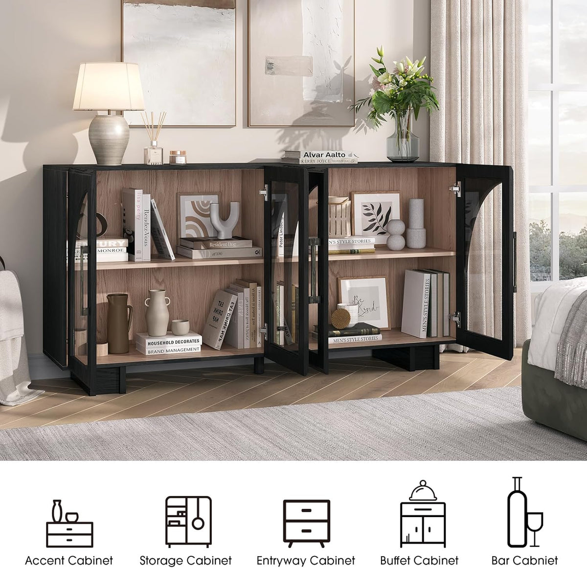 JOINICE Sideboard Buffet Cabinet with Storage,63” Modern Accent Console Cabinet with Glass Doors,Arched Credenza Storage Cabinet with Adjustable Shelves for Entryway,Kitchen,Black