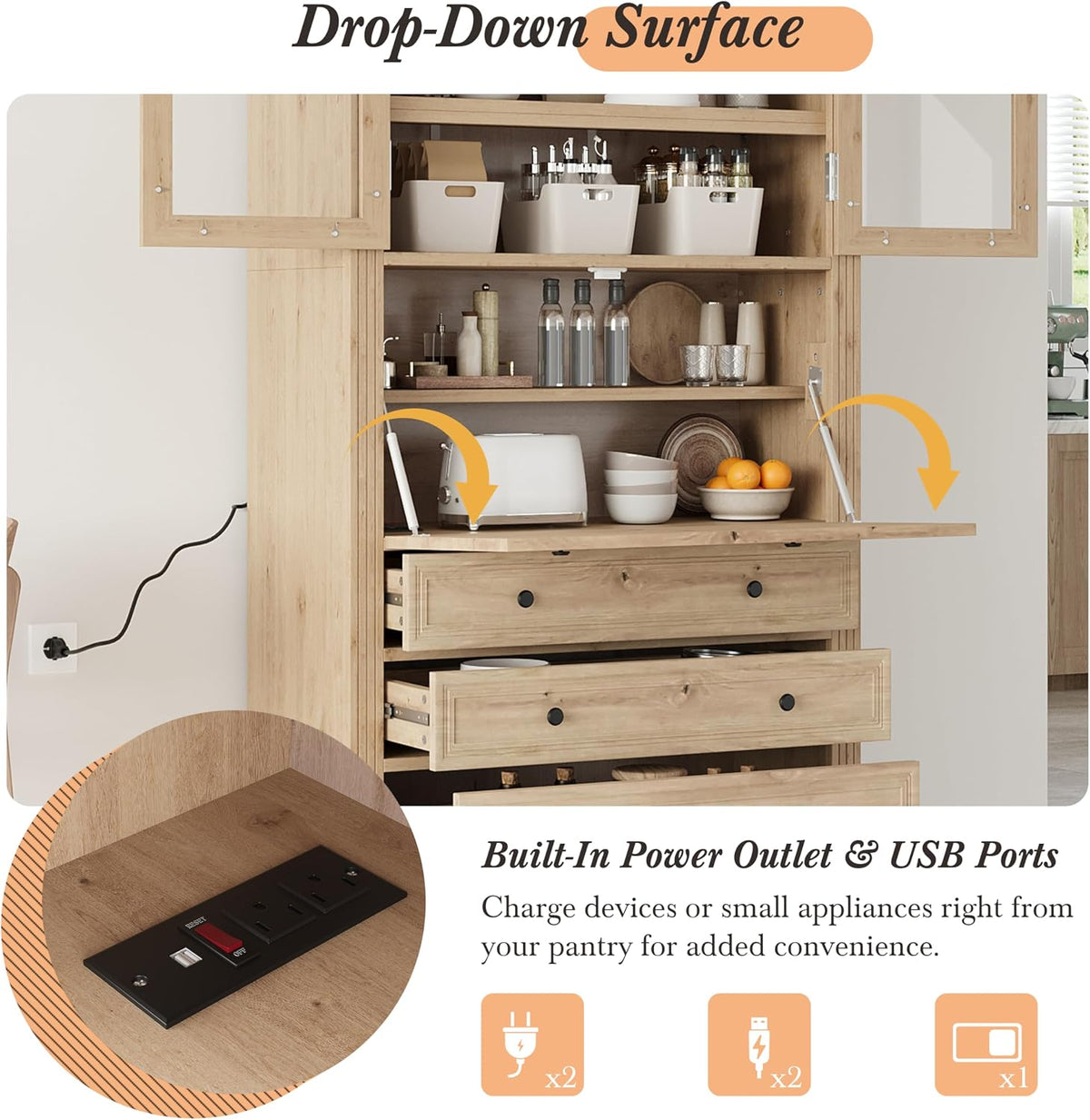 Merax 78" Pantry Cabinet with Charging Station, Farmhouse Kitchen Pantry Cabinet with Microwave Stand, Versatile Storage Cabinet for Kitchen, Dining Room, Natrual