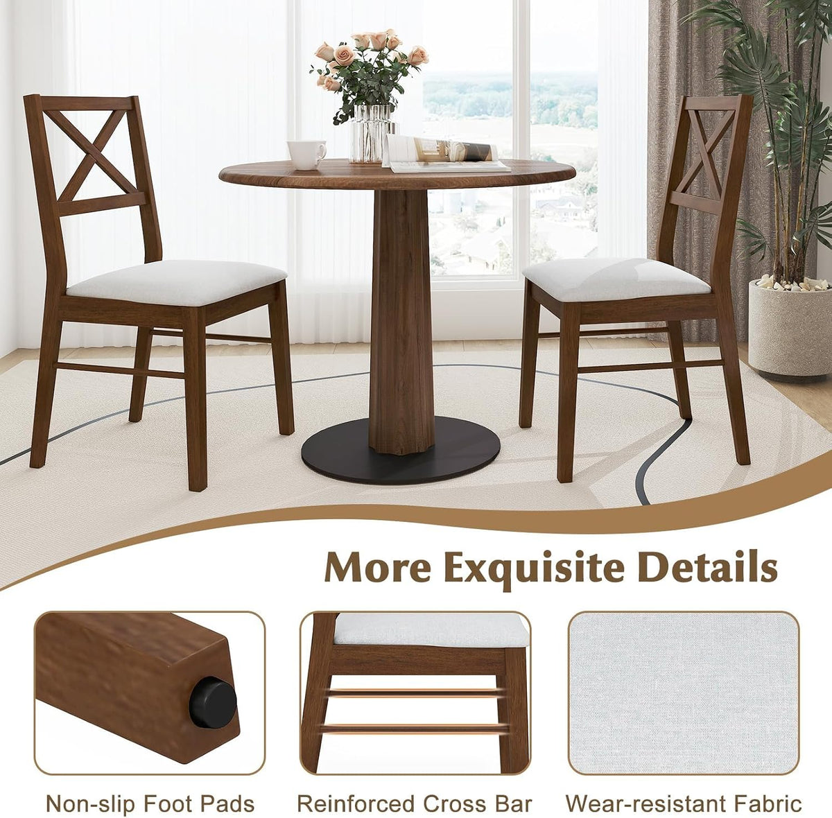 COSTWAY Wood Dining Chairs Set of 2, Upholstered Farmhouse Modern Dining Room Chairs with Backrest and 400LBS Capacity for Kitchen (Brown)