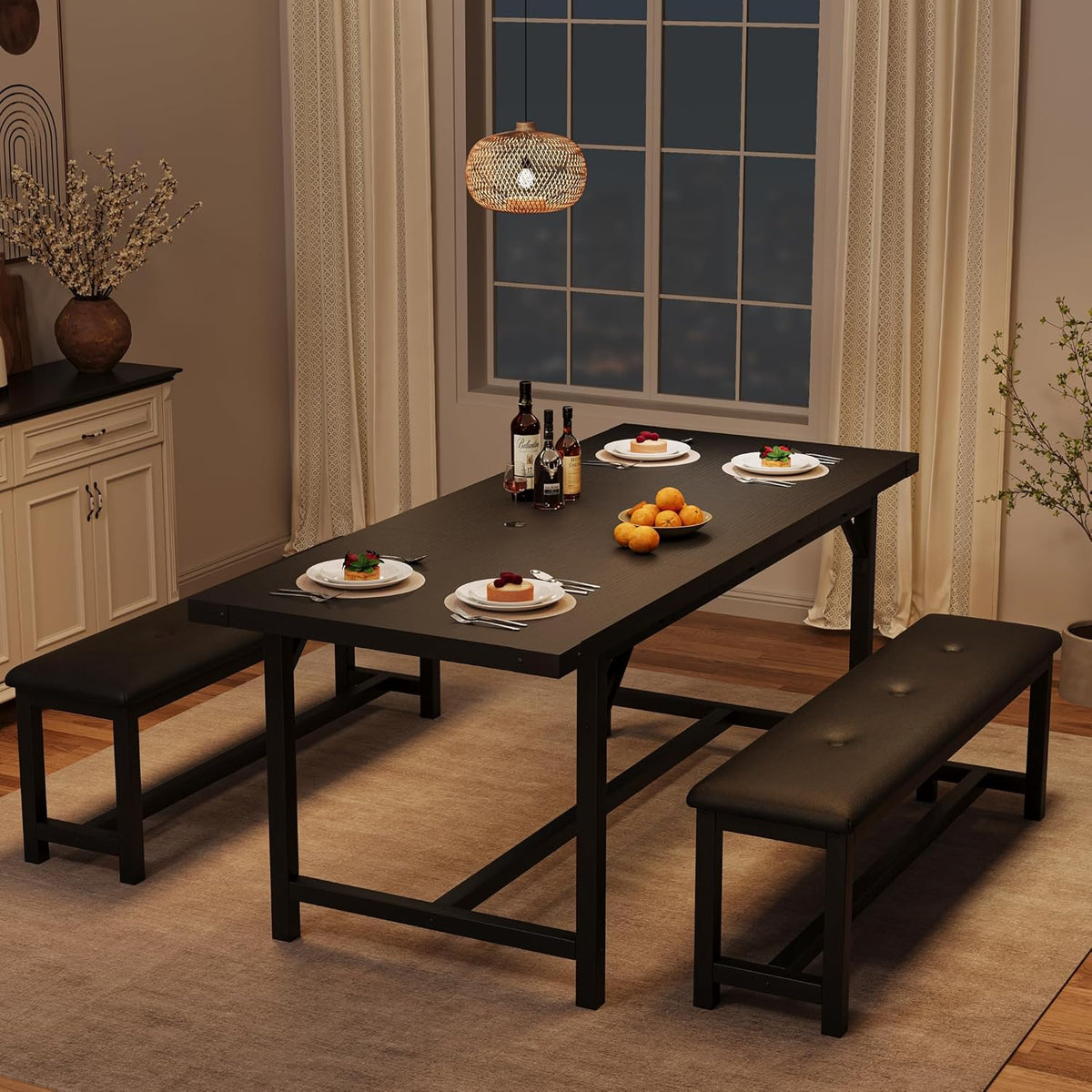 3-Piece Dining Table Set for 4-6 People, Extendable Kitchen Table Set with 2 Upholstered Benches, Dining Room Table Set for Apartment, Kitchen, Living Room, Black