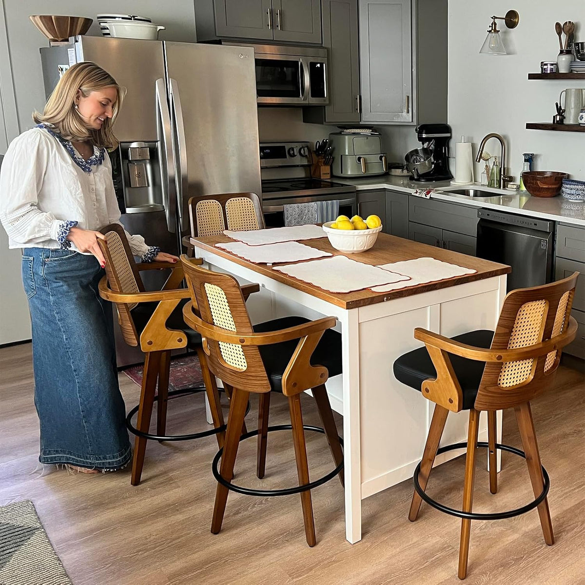 Swivel Counter Stools with Arms, Kitchen Island Stools with Rattan Back | Walnut Bentwood Frame, Curved Arms, Upholstered Seat, Adjustable Bamboo Legs, Counter Top Stools for Island, Pub, Kitchen