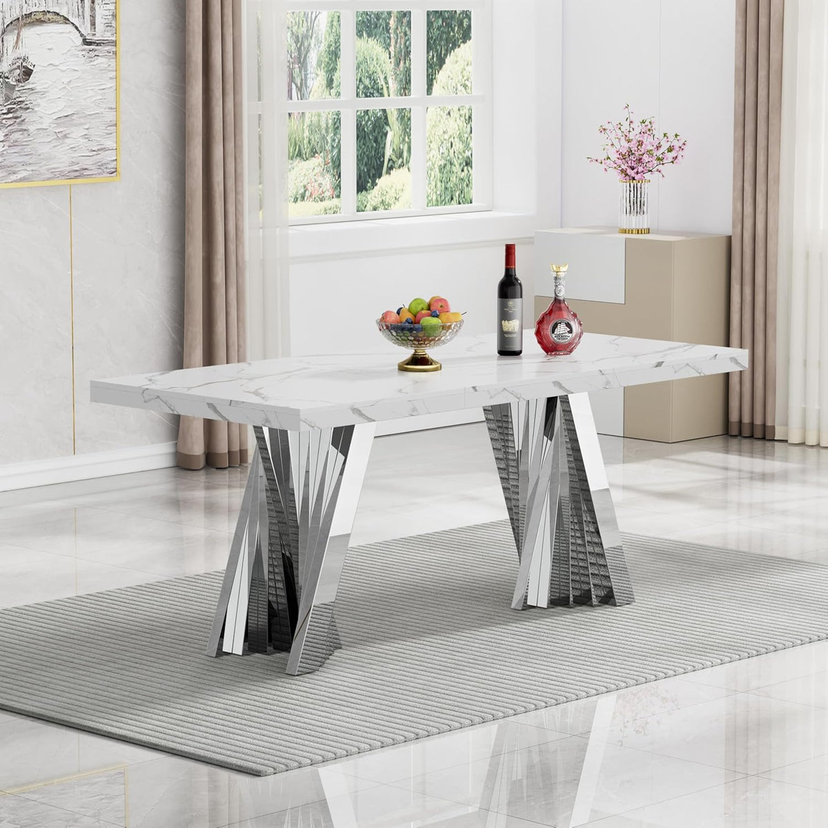 70" Faux Marble White Silver Dining Table for 6, Modern Dining Room Table with 0.71" Marble Printing MDF Top and Flash-Shaped Stainless Steel Base,Rectangular Large Kitchen Dinner Table