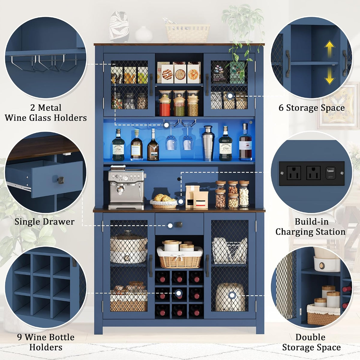 Merax 70.9" Tall Kitchen Pantry Storage Cabinet with Charging Station and LED Lights, Rustic Kitchen Hutch Food Pantries with Wine Rack, Drawer & Adjustable Shelves for Dining Room, Navy Blue