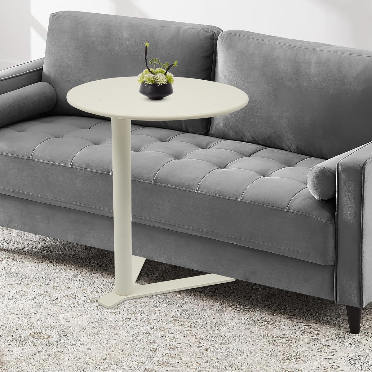 Round Side Table, Small C Shaped End Table, Couch Side Table, Modern Coffee Table, Bedside Snack Table with Y Shaped for Living Room Bedroom Office Apartment (White, 18.9x22in)