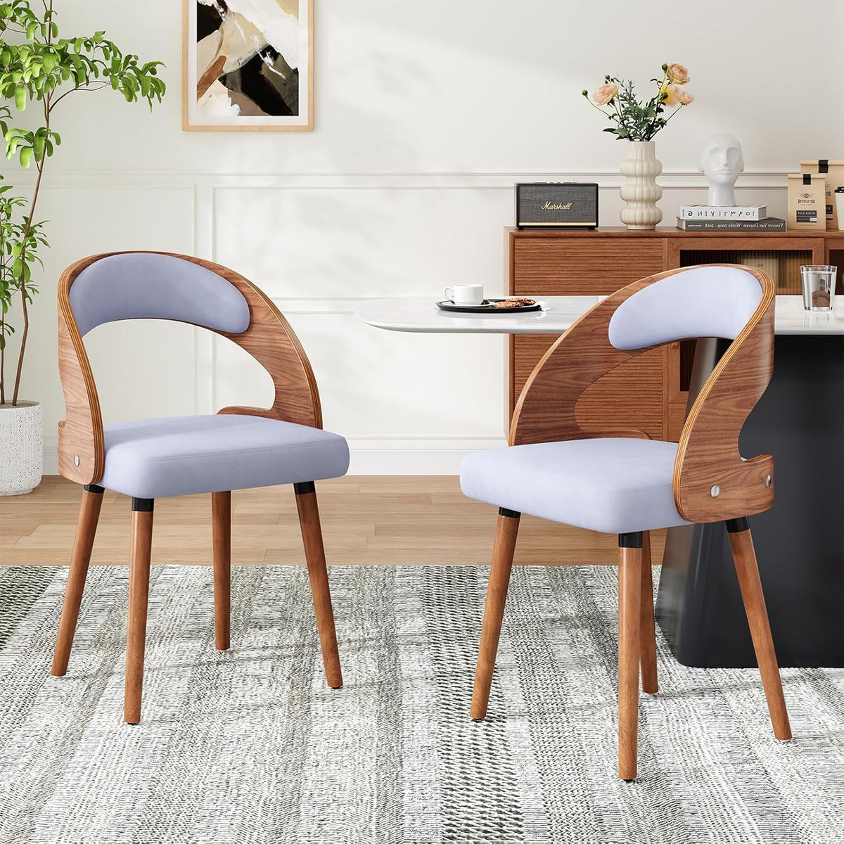 Farini Wood Dining Chairs, Set of 4 Modern Upholstered Dining Chairs with Curved Backrest for Kitchen, Dining Room, Living Room, Khaki
