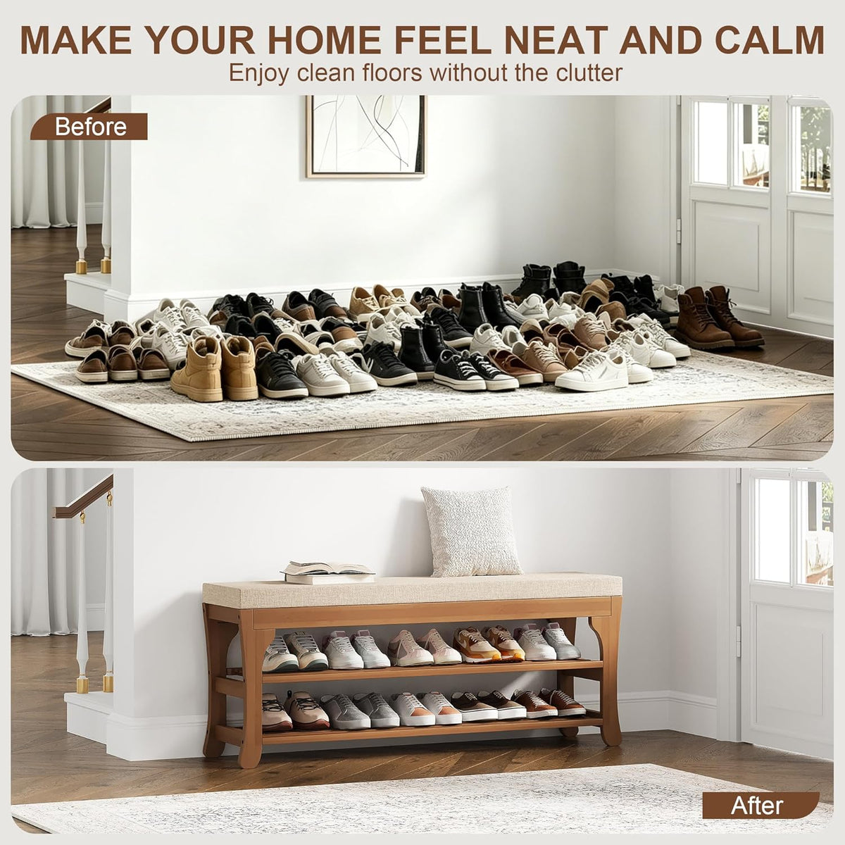 PETKABOO 39.4" Shoe Storage Bench with Cushion, Bamboo Shoe Rack Bench, 2-Tier Entryway Shoe Organizer, Supports up to 380 LB, for Hallway, Bedroom, Closet, Living Room