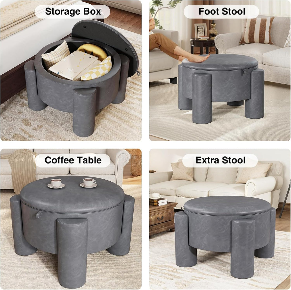 FiveWillowise 24 Inch Round Small Ottoman with Storage,Faux Leather | 24" Coffee Table,Storage Ottomans with Removable Top,Upholstered Vanity Stool for Small Spaces,Living Room,Apartment,Grey