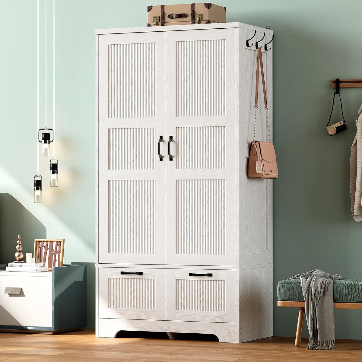 ANCTOR 71" Wooden Armoire Wardrobe Closet with 2 Drawers & Hanging Rod | Freestanding Clothing Storage Cabinet with 2 Doors and Shelves, White
