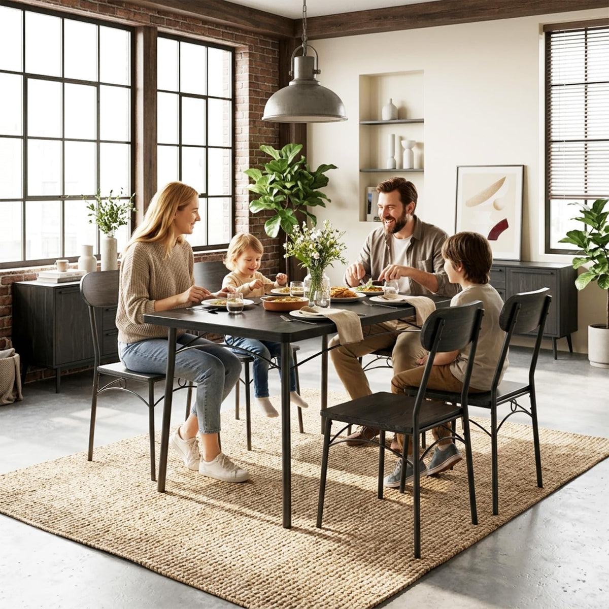 VECELO Dining Table Set for 4, 5-Piece Kitchen Table with 4 Chairs, MDF Board Tabletop with Metal Frame for Small Space, Compact Dinette, Breakfast Nook, Matte Black
