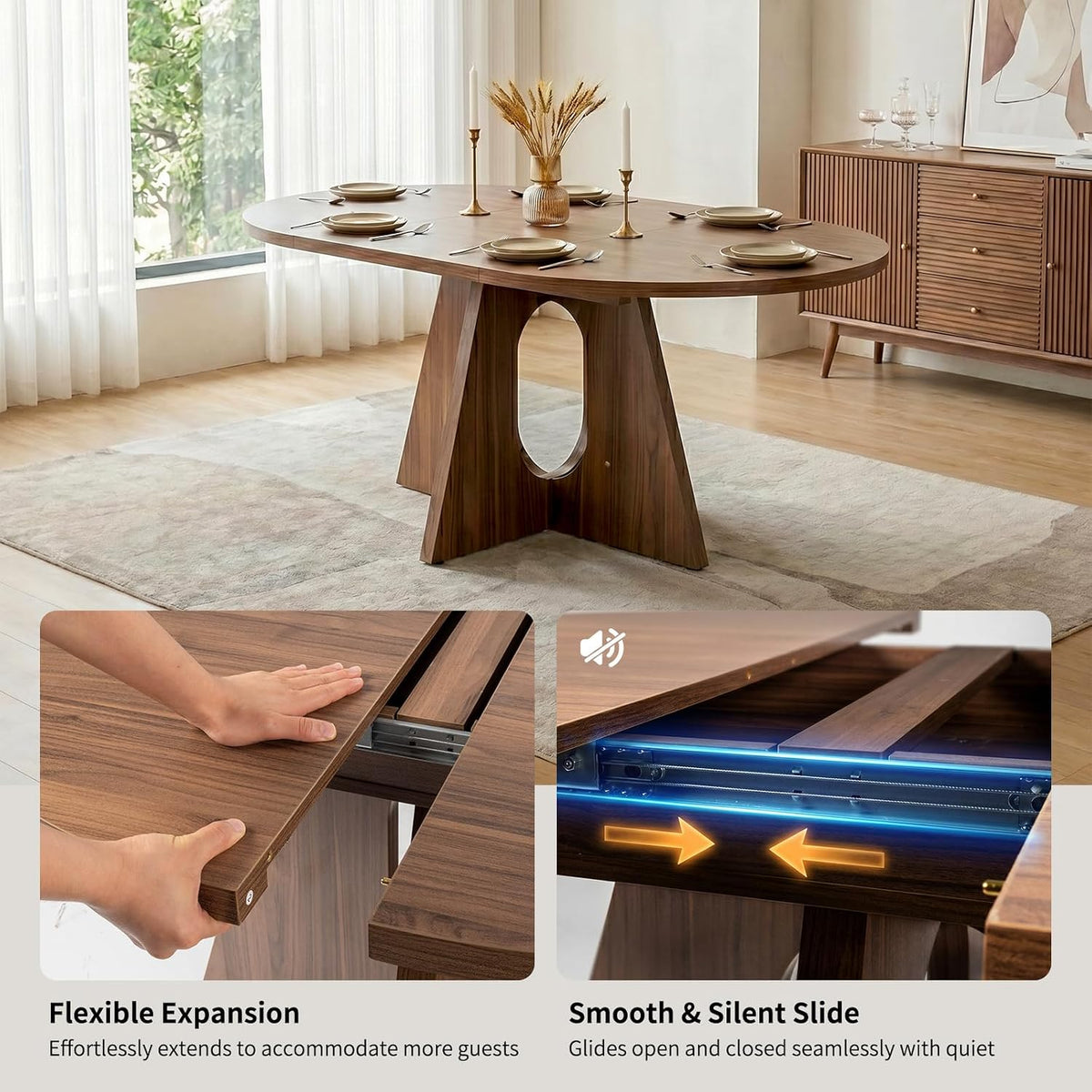 HIPIHOM 43.3"-59" Expandable Round Dining Table, Modern Walnut Kitchen Table, Space Saving Mid-Century Extendable Table for Dining Room