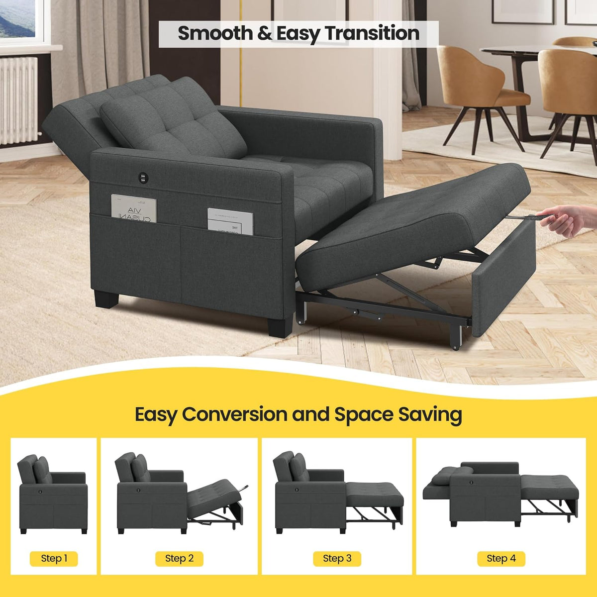 Yaheetech Convertible Futon Sofa Bed 3-in-1 Sleeper Chair Bed Tufted Couch with Adjustable Backrest, 2 USB Ports for Living Room Bedroom Small Space, Dark Gray
