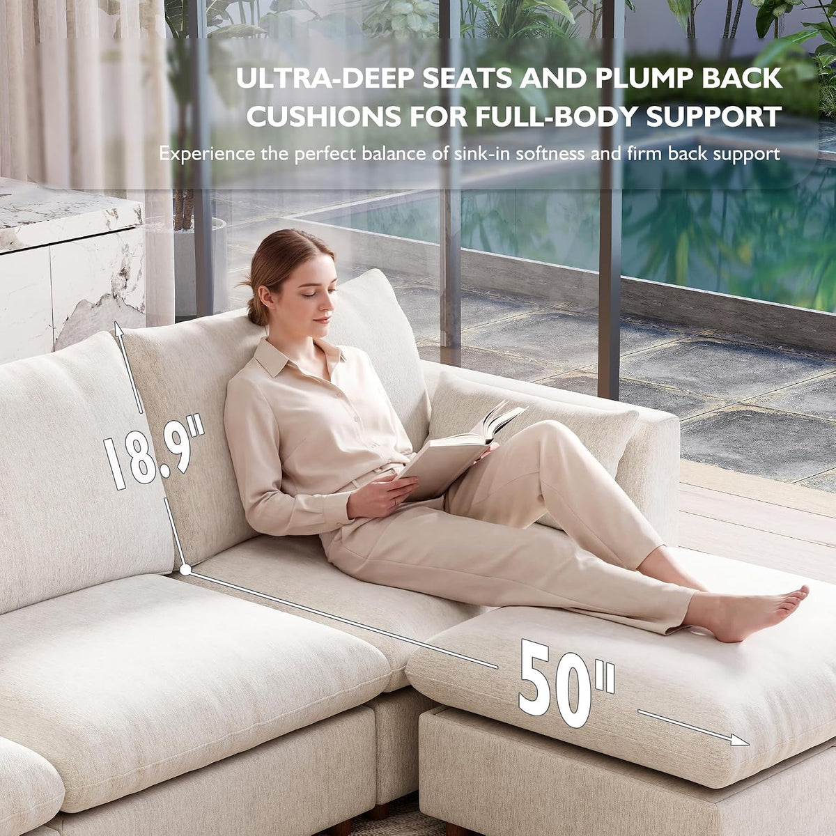 Ihanherry 117" Oversized Modular Sectional Sofa, Modern L Shaped Cloud Couch with Storage Ottoman, 4-Seat Comfy Chenille Deep Seat Sofa with 2 Pillows for Living Room, Beige