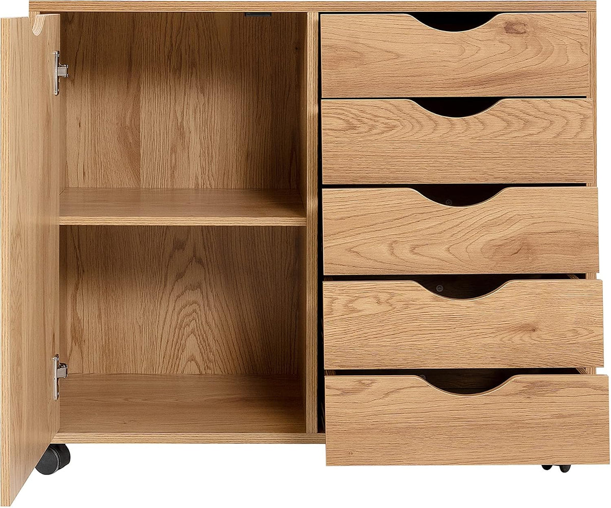 Naomi Home Amy 5-Drawer Rolling Storage Cabinet with Shelves - Natural | 5 Spacious Drawers • Storage Cabinet With 2 Shelves • Smooth-Rolling Casters • Spacious Tabletop • Modern Space-Saving Design